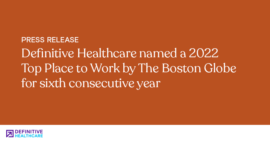 Orange background with white text that reads "Definitive Healthcare named a 2022 Top Place to Work by The Boston Globe for sixth consecutive year"