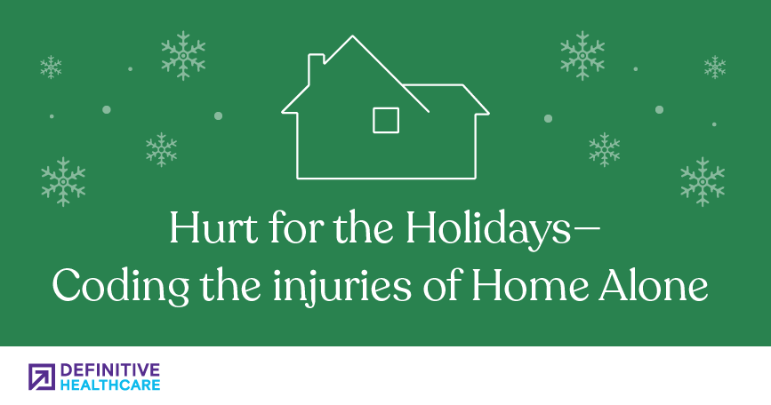 A white outline of a house surrounded by snowflakes sits above white text reading "Hurt for the Holidays - Coding the injuries of Home Alone"