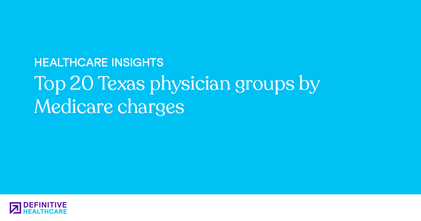 White text on a blue background reading: "Top 20 Texas physician groups by Medicare charges"
