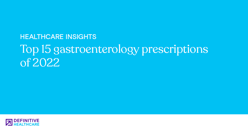 White text on a blue background reading: "Top 15 gastroenterology prescriptions of 2022"
