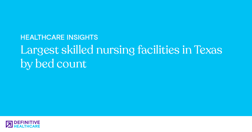 White text on a blue background reading: "Largest skilled nursing facilities in Texas by bed count"