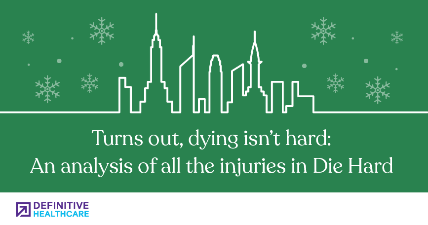 A green background with a white outline of the Chicago city landscape with snowflakes and white text that reads "Turns out, dying isn't hard: An analysis of all the injuries in Die Hard"