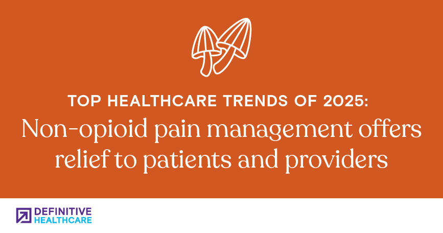 In white on an orange background, a simple illustration of two mushrooms sits above text reading: "Top Healthcare Trends of 2025: Non-opioid pain management offers relief to patients and providers"