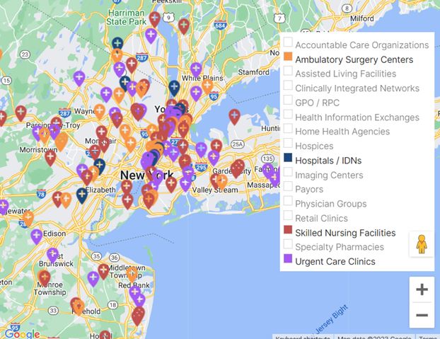 A map showing the locations of hospitals, IDNs, ASCs, SNFs, and urgent care clinics operating in CBSA 35620, New York-Newark-Jersey City NY-NJ-PA