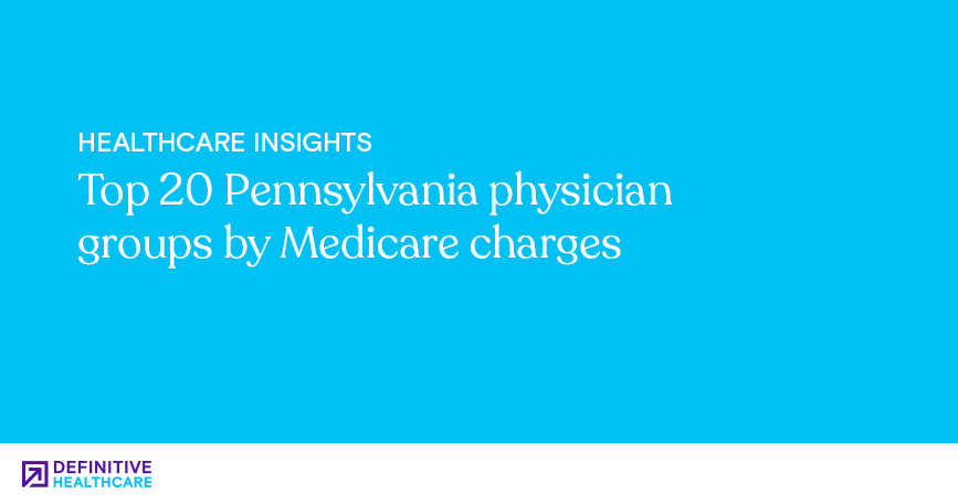 White text on a blue background reads: "Healthcare Insights - Top 20 Pennsylvania physician groups by Medicare charges"