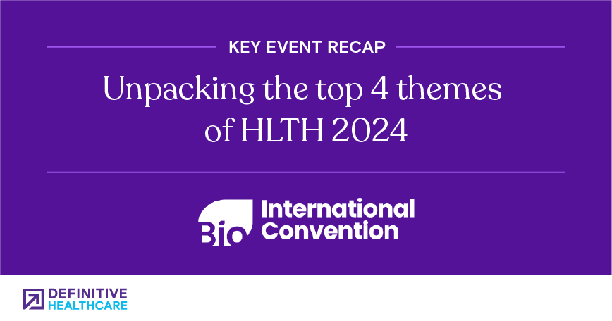 White text on a purple background. First line reads "Key Event Recap". Second line reads "Unpacking the top 4 themes of HLTH 2024". Third line shows the Bio International Convention logo.