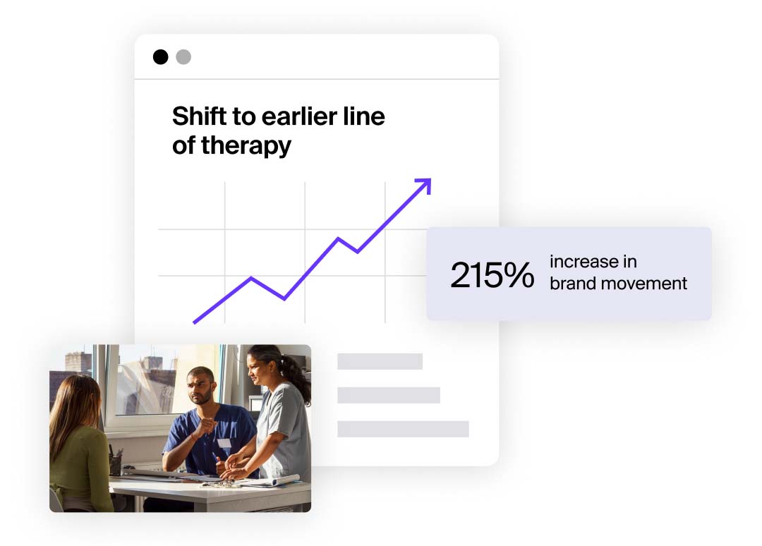 An image of a patient at a desk across from two healthcare professionals, one standing, the other sitting. A line chart is behind the image and a key result stat is captured.