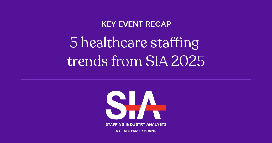White text on a purple background reads: "Key event recap - 5 healthcare staffing trends from SIA 2025"