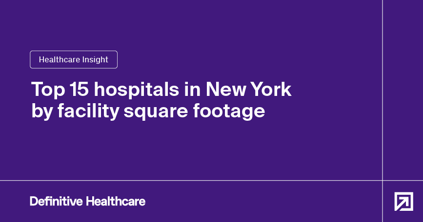 White text on a purple background reads: "Healthcare Insight - Top 15 hospitals in New York by facility square footage"