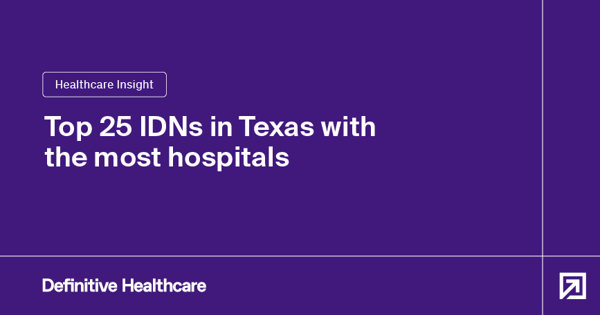 White text on a purple background reads: "Healthcare Insight - Top 25 IDNs in Texas with the most hospitals"