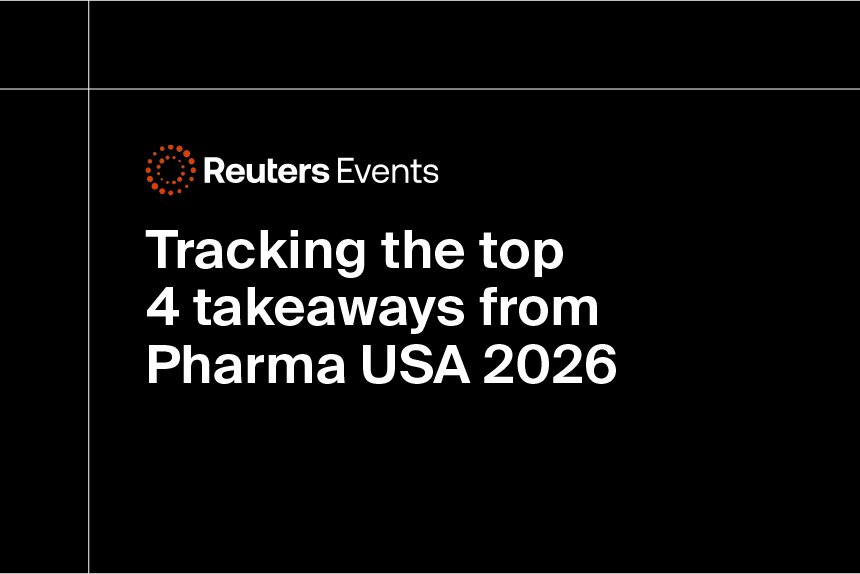 White text on a black background reads: "Tracking the top 4 takeaways from Pharma USA 2026"