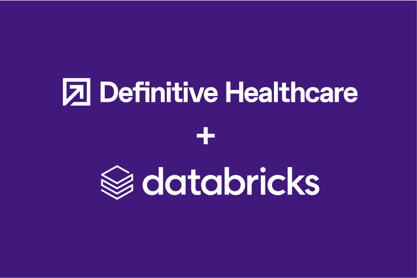 In white on a purple background, the Definitive Healthcare logo sits above a plus sign and the Databricks logo.