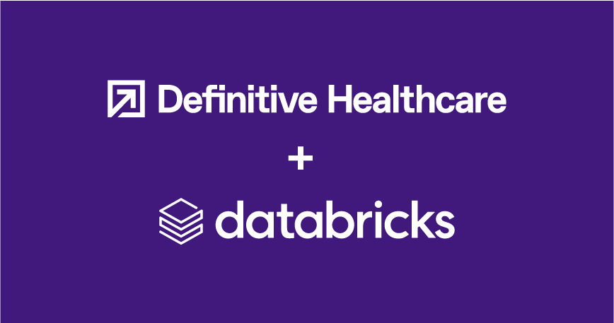 In white on a purple background, the Definitive Healthcare logo sits above a plus sign and the Databricks logo.