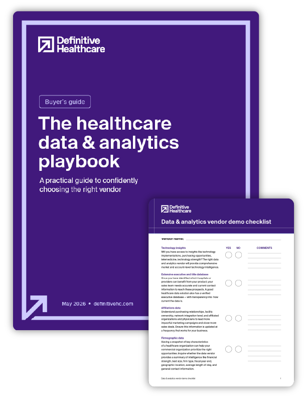 cover image of the Definitive Healthcare buyer's guide called The healthcare data & analytics playbook and demo checklist