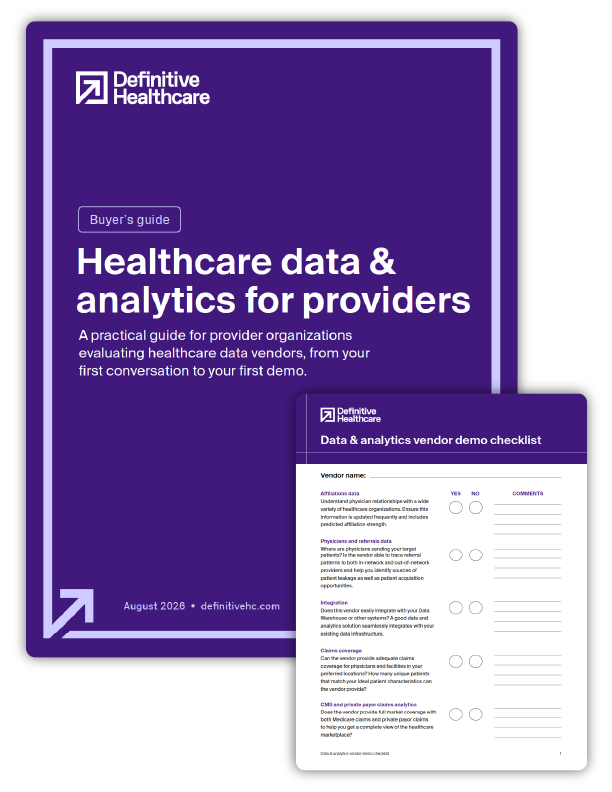 cover image of the Definitive Healthcare buyer's guide called Healthcare data and analytics for providers and demo checklist