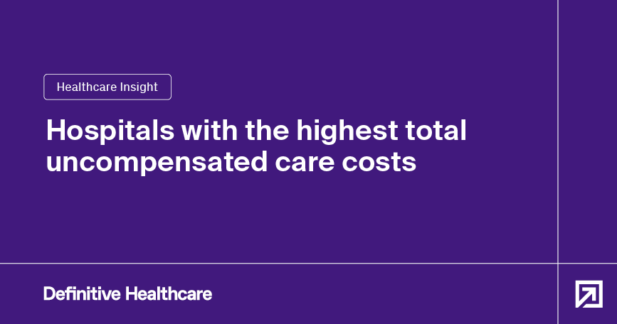 White text on a purple background reads: "Healthcare Insight - Hospitals with the highest total uncompensated care costs"