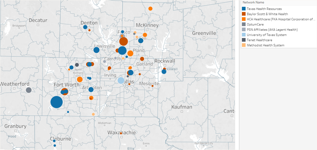 A map showing where knee procedural activity is concentrated in Dallas, Texas by health system.