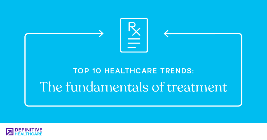 White text on a blue background reading: "Top 10 healthcare trends: The fundamentals of treatment."