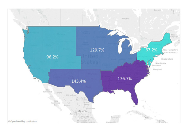 Map of US segmented by region, color-coded by decrease in elective surgery volume from April to May 2020