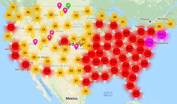 A map of the U.S. with color-coded circles indicating highest volumes of skilled nursing facilities