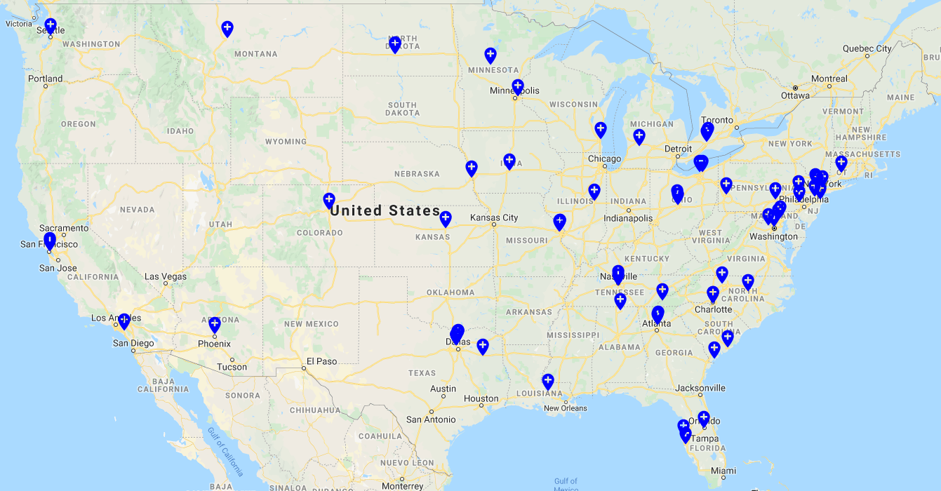 Map of the U.S. with blue markers indicating GPO locations