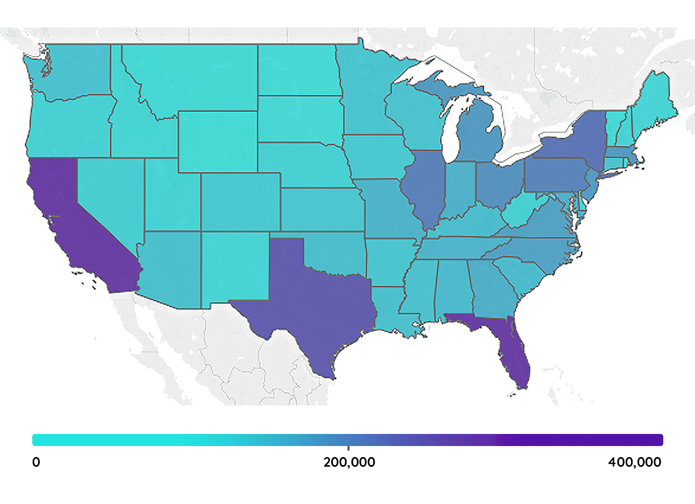 color-coded map of the united states representing state-by-state long-term care referrals volumes in 2017