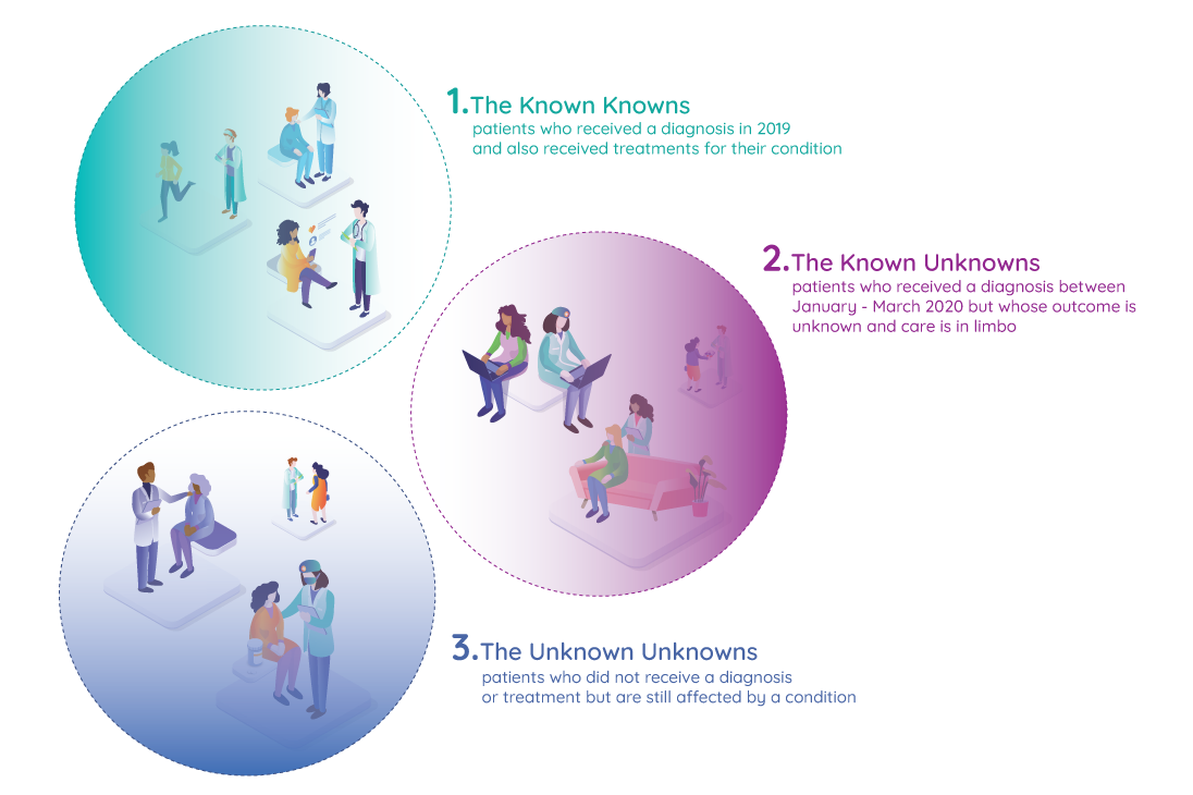 Three groups of patients 1. The Known Knowns: patients who received a diagnosis in 2019 and also received treatments for their condition 2. The Known Unknowns: patients who received a diagnosis between January - March 2020 but whose outcome is unknown and care is in limbo 3. The Unknow Unknowns: patients who did not receive a diagnosis or treatment but are still affected by a condition
