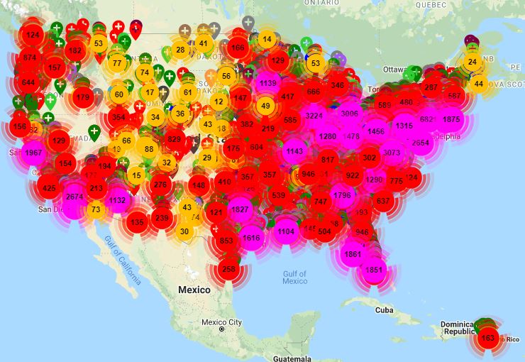 A map of the U.S. with color-coded circles indicating highest physician volumes