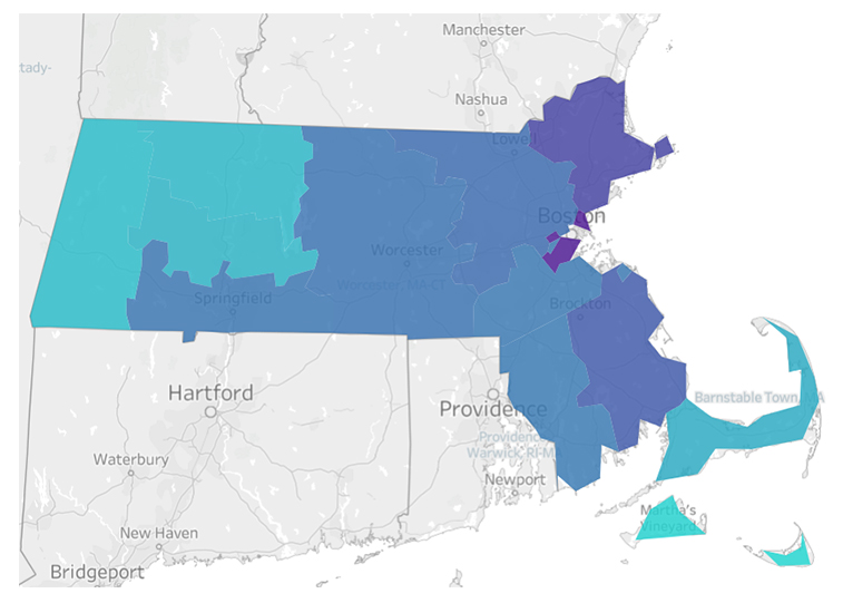 map of Massachusetts showing total COVID-19 infection volumes