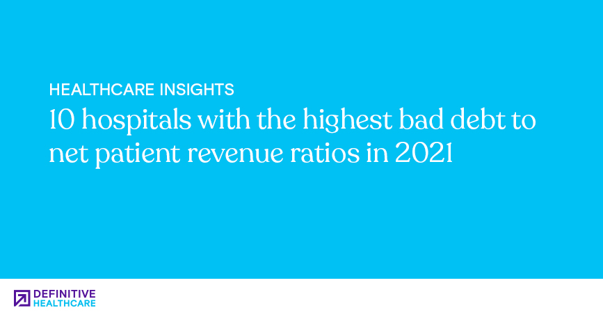 White text on a blue background reading: 10 hospitals with the highest bad debt to net patient revenue ratios in 2021