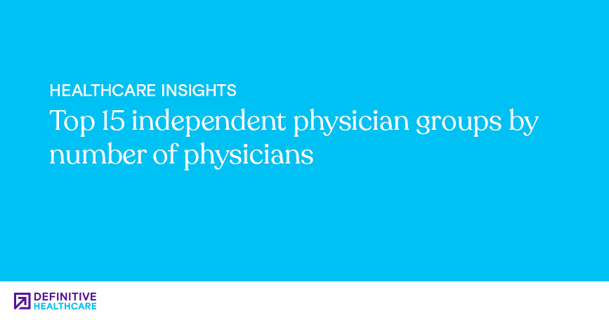 White text on a blue background reading: "Top 15 independent practice physician groups by number of physicians"
