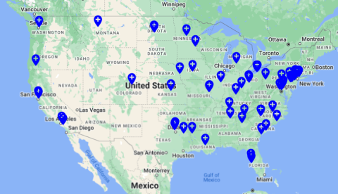 A screenshot from the Definitive Healthcare HospitalView product showing a map of active GPOs in the U.S.