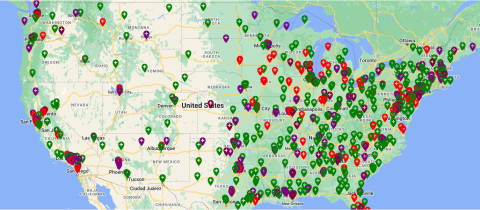 A screenshot from the Definitive Healthcare HospitalView product showing a map of active IDNs in the U.S.