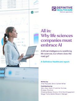 cover image of the Definitive Healthcare report titled "All in: Why life sciences companies must embrace AI"